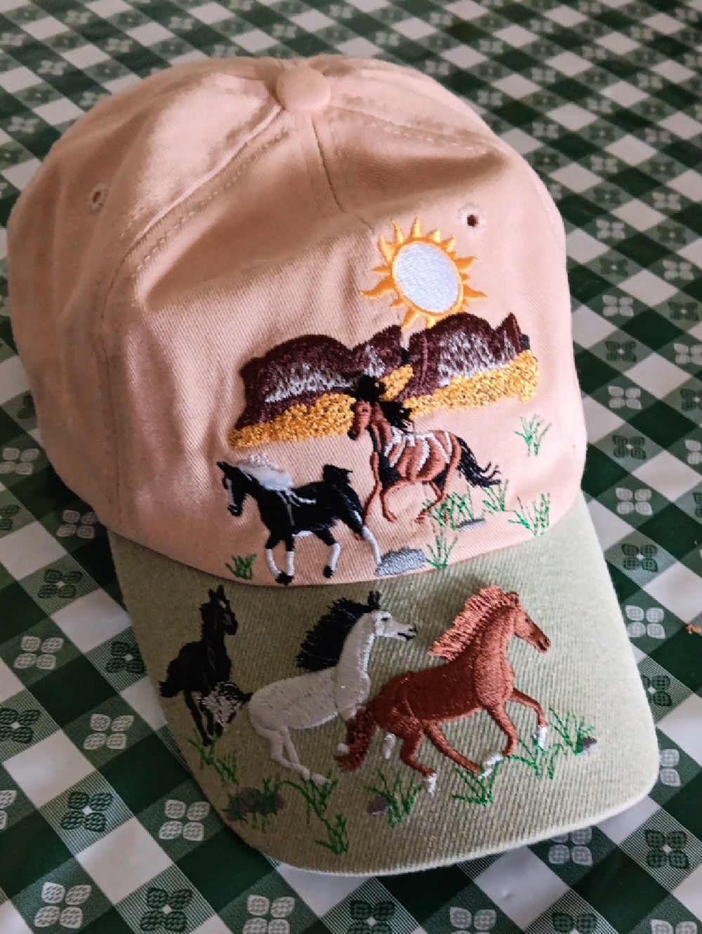Horse Embroidered Baseball Cap - Tan & Olive